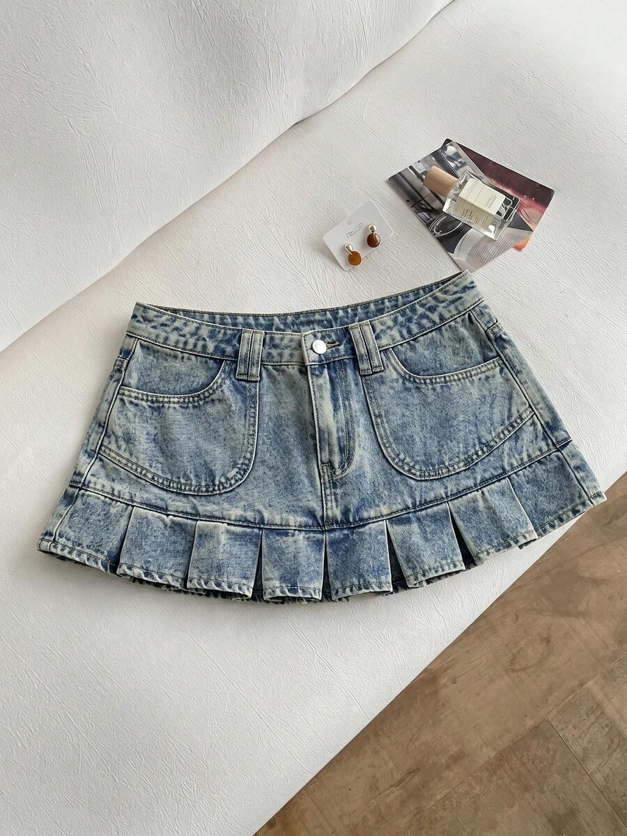 Rivivi 女款休閒百搭日常牛仔迷你裙,附口袋、鈕扣與百褶設計 - 藍色 - 查看 1