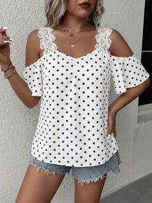 Reflora Plus Size Women's Lace Patchwork Sleeveless Off-Shoulder Polka Dot Pattern Elegant Blouse, Spring/Summer New Arrival - White - View 5