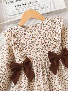 Emery Rose Kids Emery Rose Kids 女童可愛花朵洋裝休閒秋季穿搭，棕色蝴蝶結裝飾長袖泡泡袖 - 杏色 - 查看 6