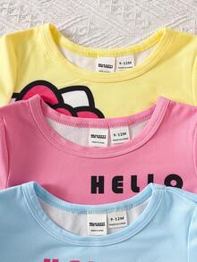 HELLO KITTY AND FRIENDS | SHEIN 女嬰可愛短袖蝴蝶結卡通印花圓領寬鬆上衣3件套，適合外出、購物、日常穿著，春夏季適用 - 彩色 - 查看 7