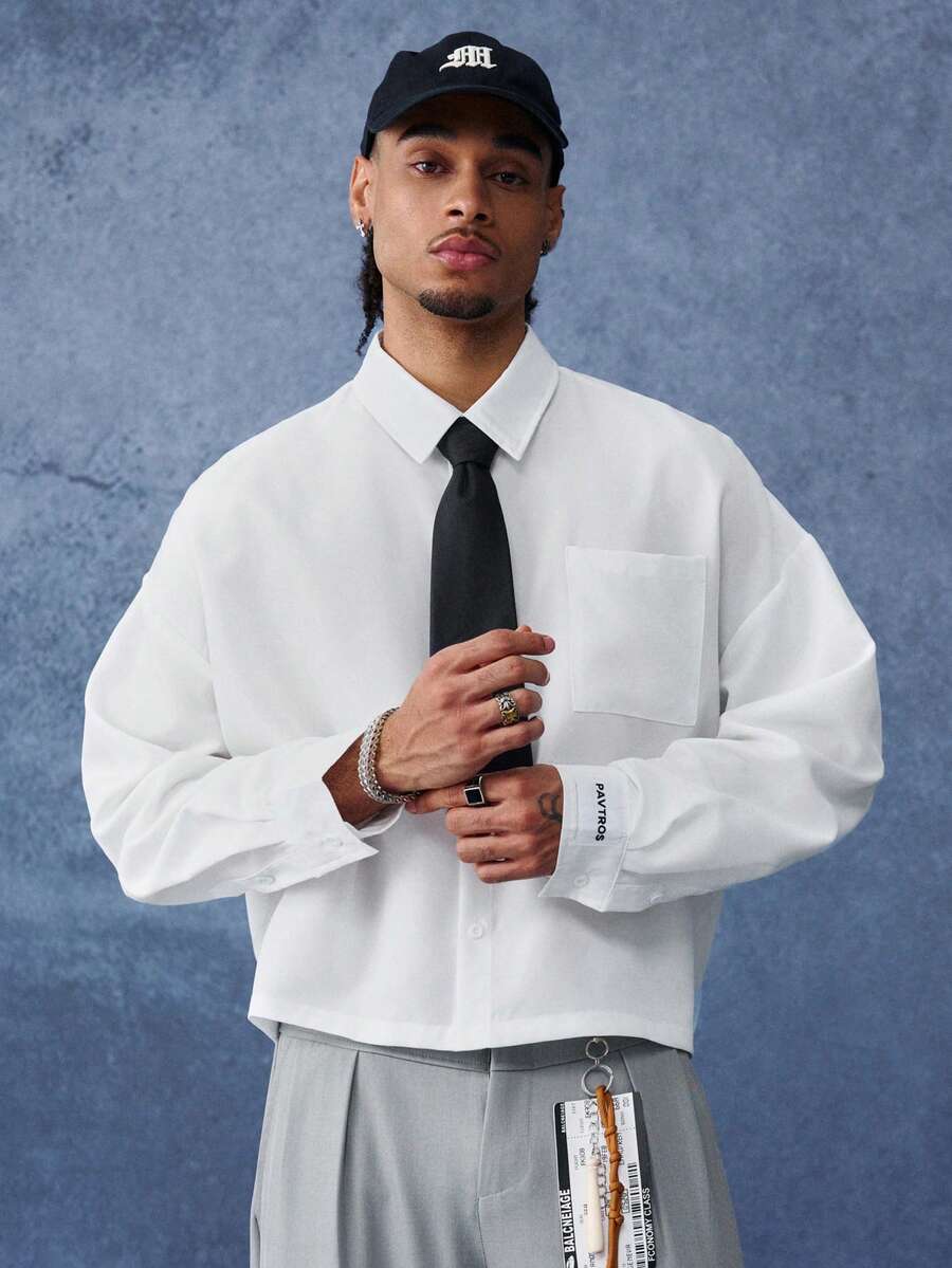 PAVTROS Men's White Button-Down Long Sleeve Shirt With Chest Pocket & Label Detail, Boxy Cropped Fit - White - View 1
