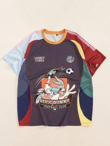 LOONEY TUNES X SHEIN Men's Cartoon Graphic Print Colorblock Crew Neck Short Sleeve T-Shirt - Mocha Brown - View 1