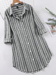SHEIN LUNE 大尺碼女款灰色拼接休閒商務休閒日常穿著度假襯衫洋裝 辦公室度假秋季 - 黑與白 - 查看 1