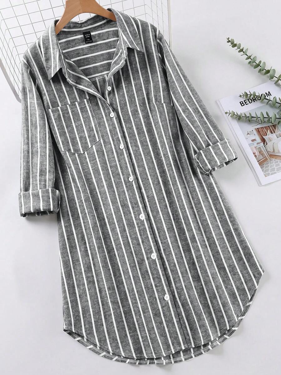 SHEIN LUNE 大尺碼女款灰色拼接休閒商務休閒日常穿著度假襯衫洋裝 辦公室度假秋季 - 黑與白 - 查看 1