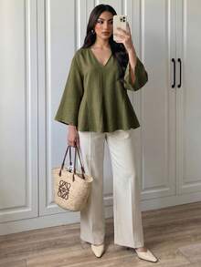 Elenzga Casual Versatile Commute Solid Color Shirt - Green - View 5