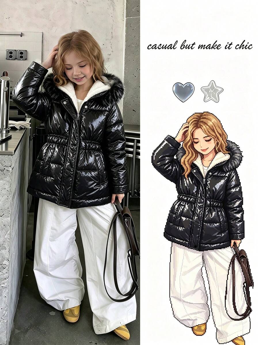 SHEIN 女童亮面收腰連帽加厚棉襖,抓絨內裡加厚拉鍊外套,修身冬季旅行外套 - 黑色 - 查看 1