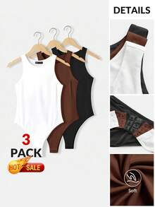 SHEIN BASICS 3件組女款休閒圓領無袖貼身素色針織連身衣 夏季上衣 - 棕色 - 查看 9