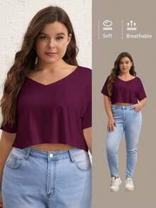 SHEIN BASICS Plus 1件純色V領短版T恤 夏季上衣 女款夏季穿搭 - 酒紅色 - 查看 7
