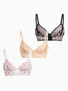 3pcs Women Plus Size Solid Color, Heart, Strawberry, Leopard Print Underwire Comfortable Bras, Lift - Multicolor - View 3