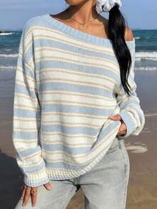 CovetEZ 女款露肩拼色休閒百搭日常長袖針織衫 - 白色 - 查看 3