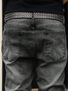 Manfinity Homme Men's Pocket Distressed Skinny Casual Versatile Jeans Ripped Grey Jeans Stretch Washed Slim Fit Thrashed Denim - Grey - View 6
