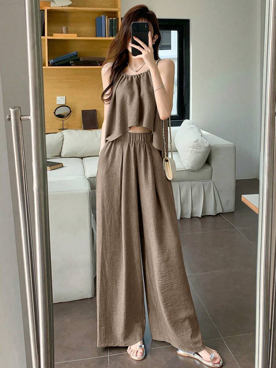 DAZY Women's Summer Casual Vacation Mocha Brown Two Pieces Sets Solid Color Front Short Back Long Jumpsuit With Wide Leg Pants Set Lounge Short Sets - Khaki - View 1