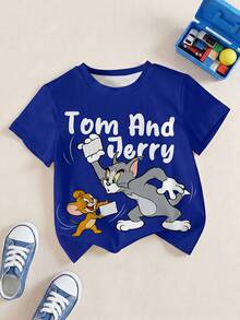 TOM & JERRY X SHEIN 小男孩卡通圖案印花圓領短袖T恤 - 白色 - 查看 1