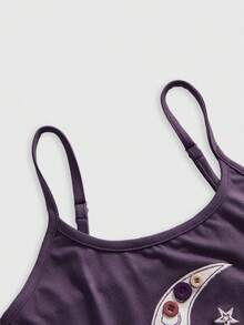 ROMWE Dark Gothic Vintage Hippie Moon & Star Patchwork Embroidered Button Design Fitted Camisole - Purple - View 3