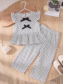SHEIN Elladie kids 少女新款清新田園風細緻波點兩件套 粉色蝴蝶結裝飾無袖背心 + 粉色紋理布料寬腿長褲 甜美可愛時尚休閒夏季穿搭 - 黑與白 - 查看 3