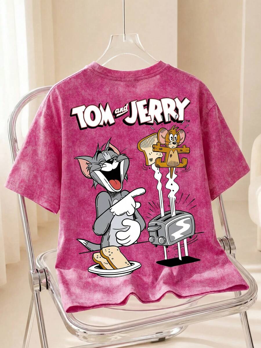 TOM & JERRY X SHEIN 大码女式圆领短袖休闲百搭T恤 - 白色 - 查看 1