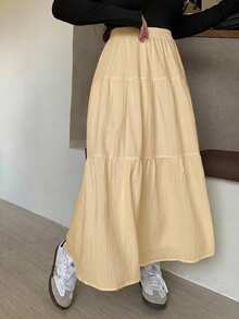 Dazy Plus Plus Size Women's Elastic Waist Patchwork Loose A-Line Skirt Spring Summer - Apricot - View 4