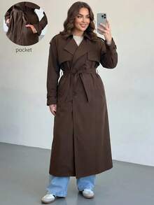 SHEIN Tall CURVE Plus Size Tall Women's Brown British Style Elegant Retro Double Breasted Autumn Warm Tie Collar Long Trench Coat Formal Office Airport Teachers' Day - Coffee Brown - View 1