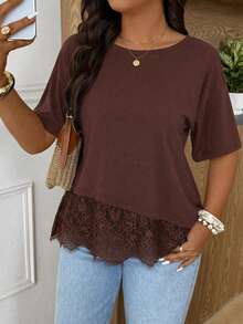 SHEIN Clasi Plus Size Women's Round Neck Lace Patchwork Casual Versatile Daily Wear T-Shirt - Brown - View 3