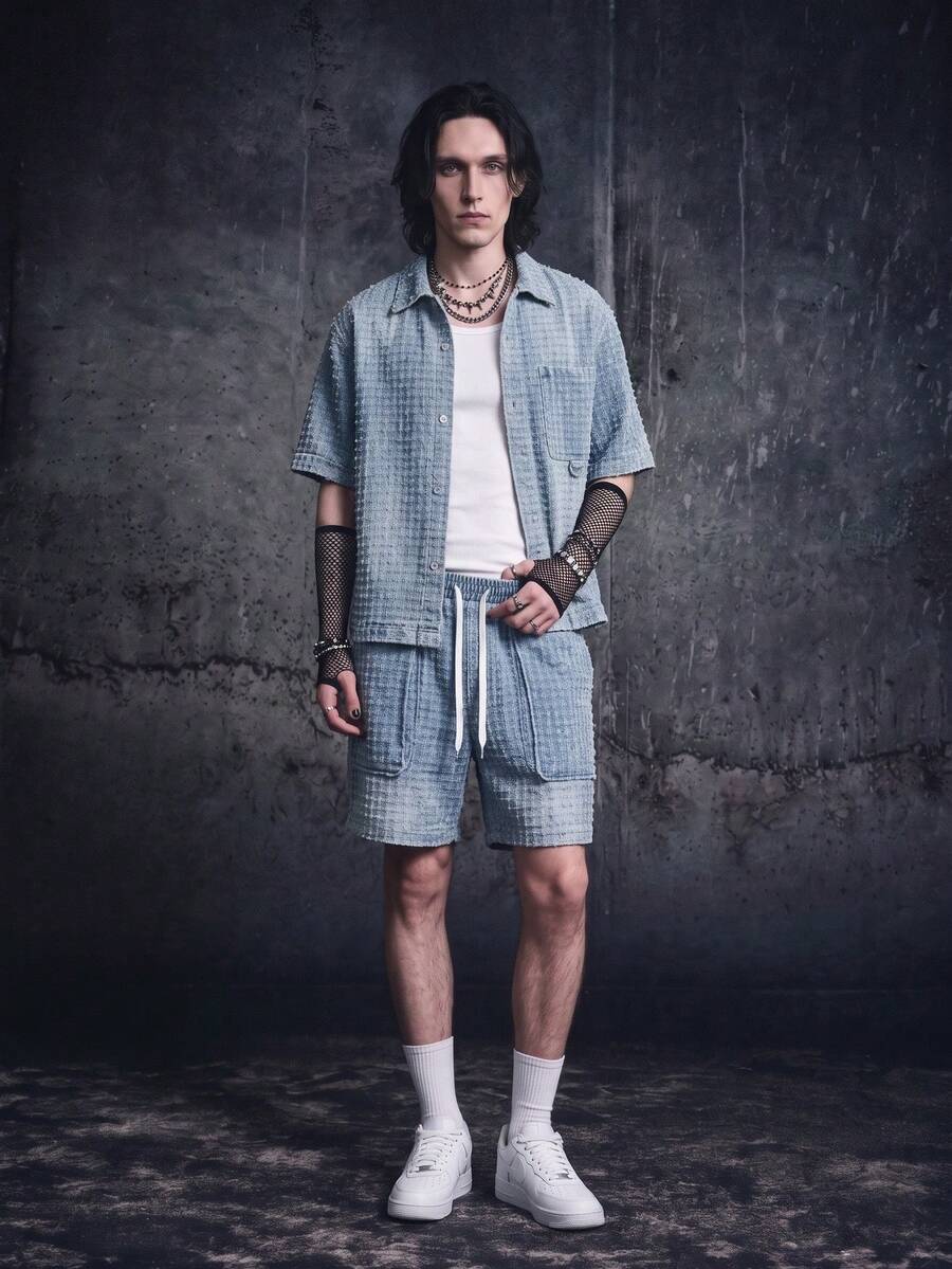Vyqestra Men's Casual Denim Street Style Crochet Blue Denim Set - Medium Wash - View 1