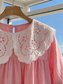 Tween Girl Summer Peter Pan Collar Ruffle Sleeve Pleated Dress - Pink - View 4