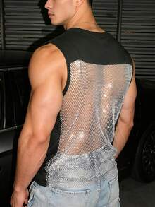 Manfinity Dauomo Casual Fashion Rhinestone Fishnet Patchwork Men's Tank Top - Black - View 4