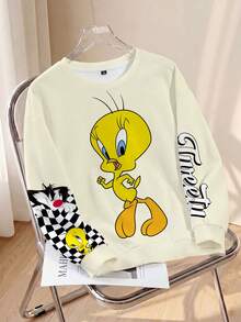 LOONEY TUNES X SHEIN Sweatshirt Leher Bulat Motif Kartun Ukuran Besar untuk Musim Gugur - Putih - View 1