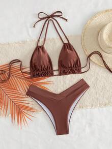 Swim Chiccia Vacation Beach Solid Color Two-Piece Swimsuit Set - Coffee Brown - View 4