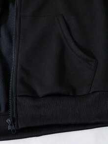 SHEIN 青少年女孩秋季套裝 白色圖案拉鍊連帽衛衣/上衣 長袖休閒返校穿搭 圓領秋季套裝 - 黑色 - 查看 5