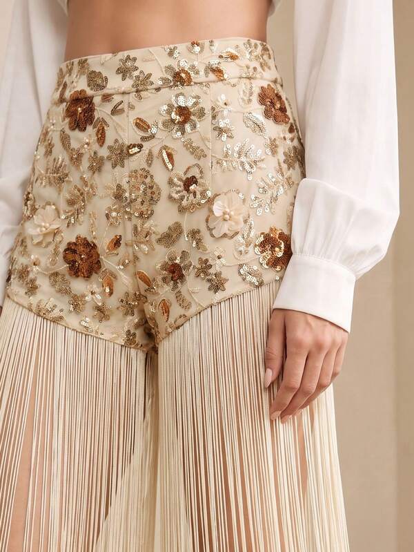 Anewsta Summer Exquisite Heavy-Duty French Beaded Embroidery Mesh High-Waist Asymmetrical Tassel Wide-Leg Beige Apricot Skirt