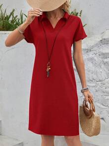 EMERY ROSE Váy tay cánh dơi màu xanh giản dị mùa hè - Đỏ - Xem 6