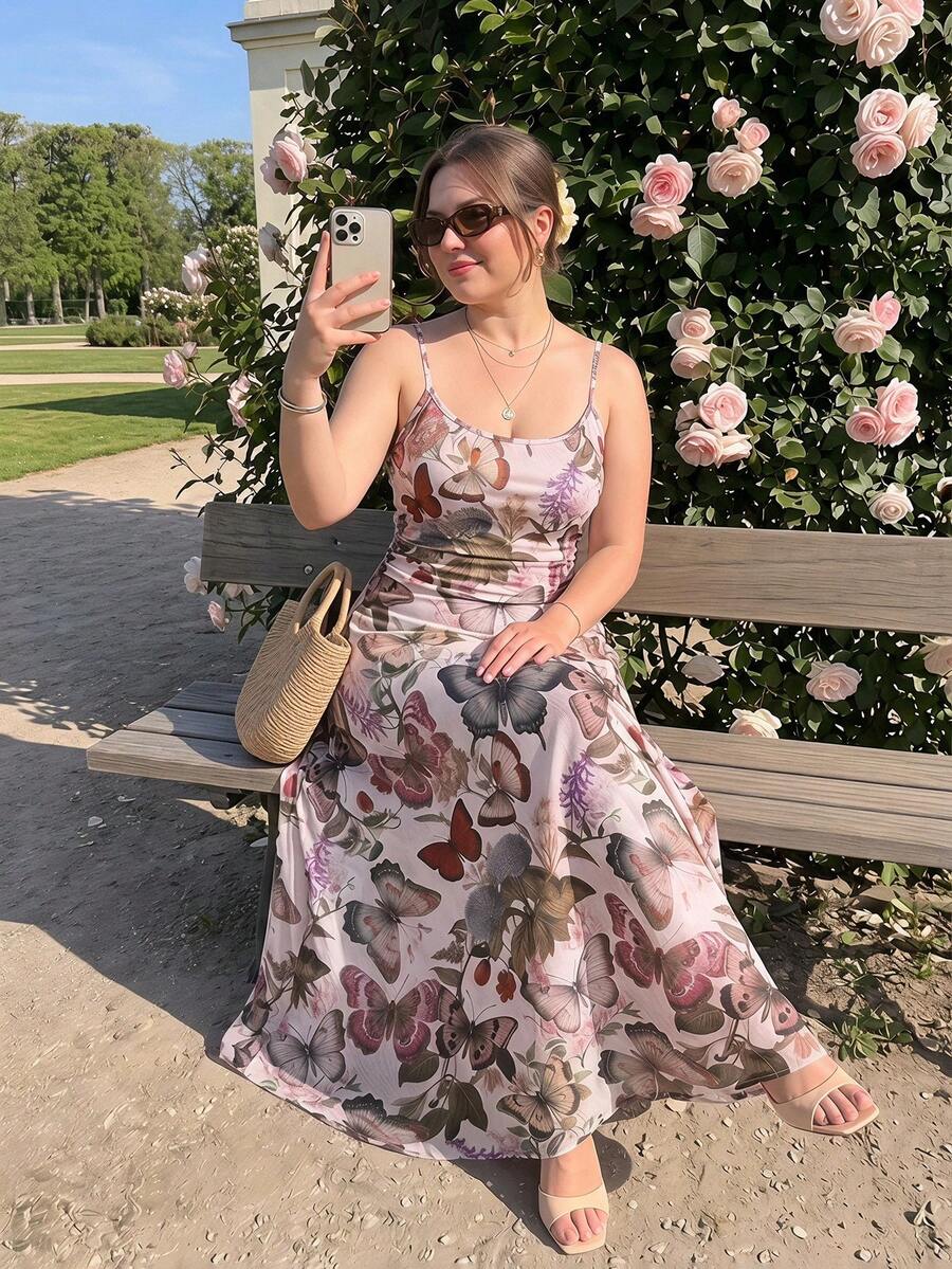 SHEIN MOD 女款大尺碼復古仙女印花細肩帶洋裝,粉色夏季婚禮賓客度假風 - 彩色 - 查看 1