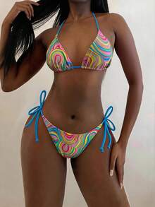 SHEIN Swim Ladies Fashionable Colorful Fluid Print Separated Bikini Set Swimming Costume (Random Print), Summer Beach - Multicolor - View 1