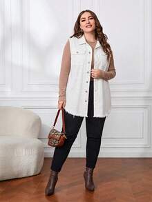 EMERY ROSE Plus Size Striped Colorblock Frayed Edge Single-Breasted Double Pocket Denim Vest Jacket - Black and White - View 6