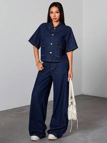 SHEIN PETITE 女款深藍色牛仔襯衫翻領短袖上衣 夏季牛仔套裝 辦公穿搭 學院風 女士夏季襯衫 小個子女款 - 深色水洗藍 - 查看 5