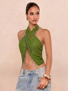 Lumalex Women's Tassel Decor Fashion Versatile Date & Travel Halter Top - Green - View 4