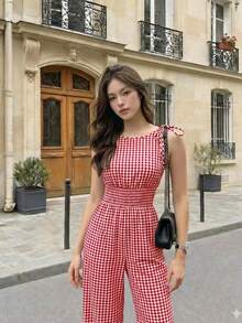 SHEIN MOD 女款夏季休閒格紋無袖連身褲 - 紅白色 - 查看 4