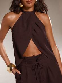 Normani Women's Solid Color Halter Neck Top With Slit Hem And Pants Fashion 2 Pieces Set Beach Vacation Dark Brown Summer Sexy European Tropical - Rust Brown - View 8