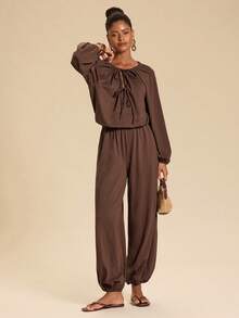 Travachic Women's 34% Cotton Knit Slightly Elastic Drawstring Multi-Wear Collar Long Sleeve Elastic Waist Jumpsuit - Rust Brown - View 6