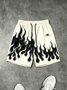 Gym Rark Men's Flame Print Drawstring Waist Casual Versatile Daily Travel Sports Shorts, Gym - Black - View 1