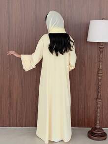 Yasmeen Edit Yasmeen Edit Spring/Summer Elegant Yellow Collarless Long Robe With Heavy Scalloped Cuffs And Chiffon Headscarf - Yellow - View 3