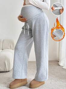 SHEIN Maternity Casual Versatile Solid Color Fleece Lined Sweatpants - Grey - View 1