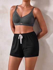 Veilyse 2 piezas Pantalones cortos casuales de mujer de unicolor con cordón, cómodos para el hogar y el sueño, adecuados para primavera, verano y otoño - Multicolor - Ver 3