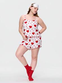 Bonmuse Plus Size Women Heart Print Camisole Top And Bow Decor Shorts Casual Loungewear Set - Multicolor - View 6