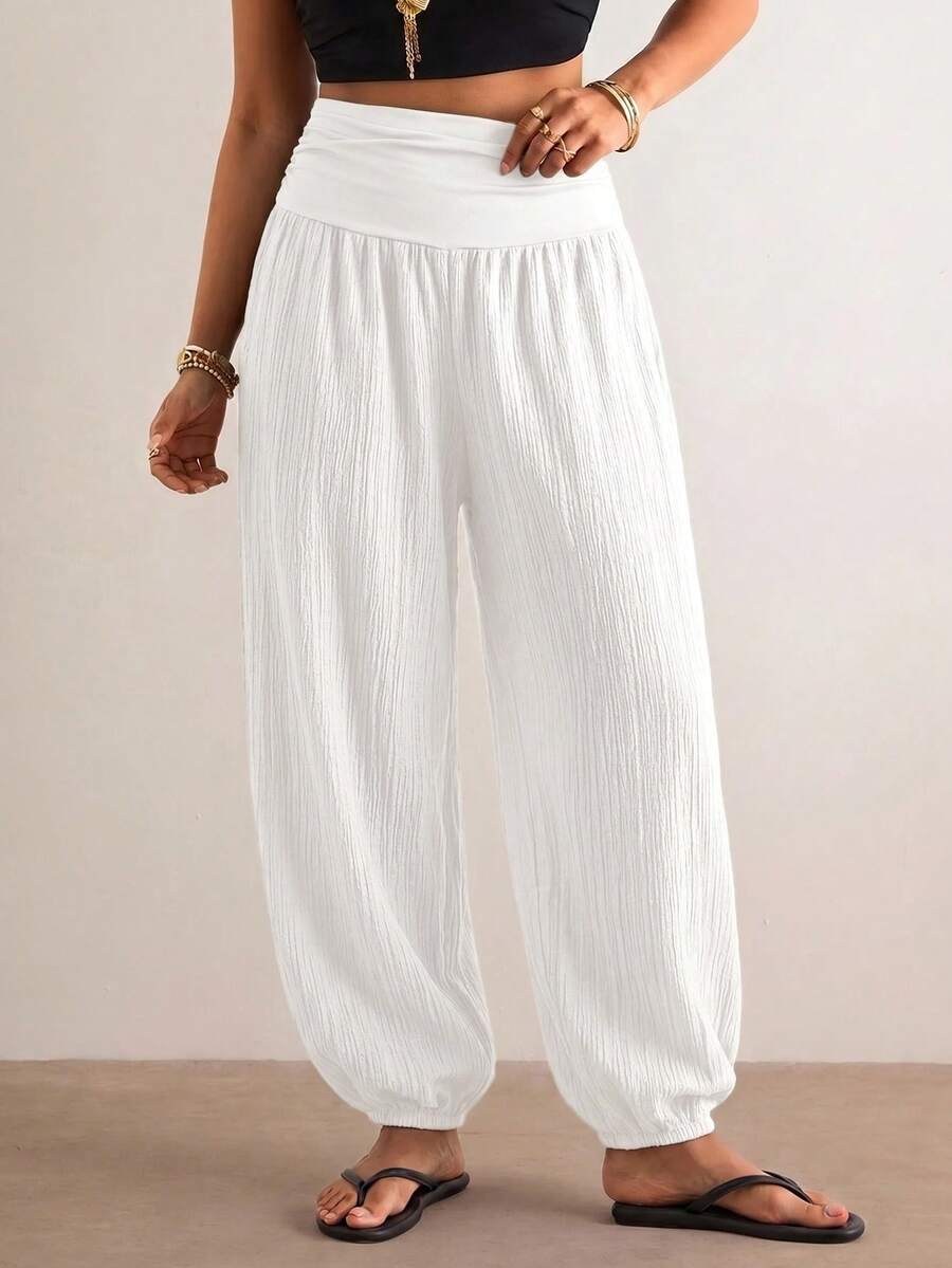 Freevana Pantalones de Linterna de unicolor Casual y Versátil Talla Grande - Blanco - Ver 1