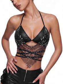 SHEIN ICON Sexy Sequin Mesh Cross Back Halter Crop Y2K Glitter Black Sexy Top Party Club Night Out Summer - Black - View 1