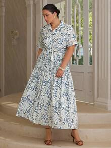 VOLUPTÉ CURVE Plus Size Women's Spring/Summer Blue And White Floral Lace Trim Shirt Collar Short Sleeve Maxi Skirt Set, Elegant A-Line Work Brunch Vacation Set - Blue - View 5