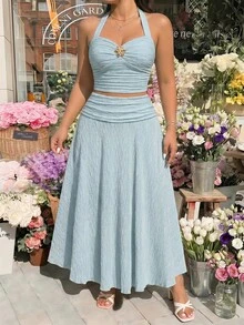 SHEIN MOD 加大码杏色提花面料吊带上衣和迷你裙两件套 - 薄荷藍 - 查看 2