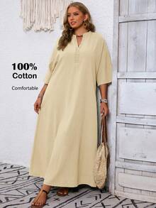 EMERY ROSE Plus Size Women's Summer Casual Boho Bohemian Traditional Vacation Country Solid 3/4 Sleeve Long Dress Going Out Brunch Outfits Beach Flowy Fall Beige - Apricot - View 2