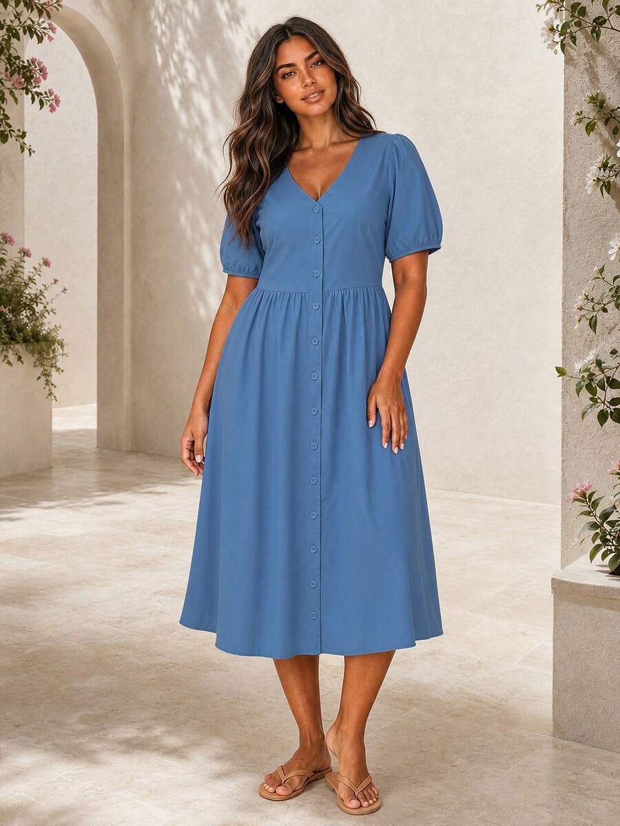 ELLERISSA Plus Size Blue V-Neck Puff Sleeve Button Front A-Line Midi Dress - Blue - View 1